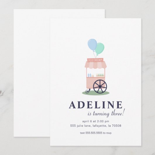 Ice Cream Cart Birthday Party Invitation Kaart (Voorkant / Achterkant)