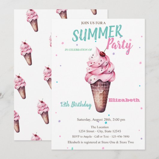 Ice cream Cherry Zomer Verjaardag Kaart (Voorkant / Achterkant)