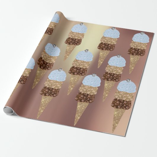 Ice Cream Chocolate Blue Metallic Roos Gold Cadeaupapier (Uitgerold)