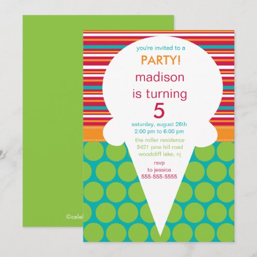 Ice Cream Cone Birthday Invitation Polka Dots Kaart (Voorkant / Achterkant)