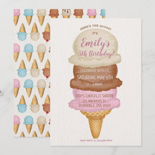 Ice Cream Cone Birthday Party Invitation Kaart (Voorkant / Achterkant)