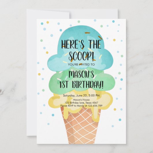 Ice Cream Cone Confetti Boy First Birthday Invitat Kaart (Voorkant)