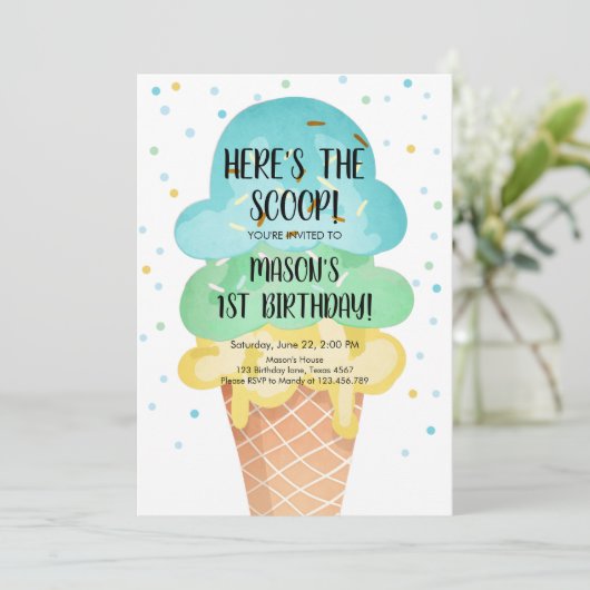 Ice Cream Cone Confetti Boy First Birthday Invitat Kaart (Staand voorkant)