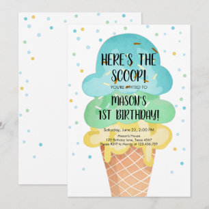 Ice Cream Cone Confetti Boy First Birthday Invitat Kaart