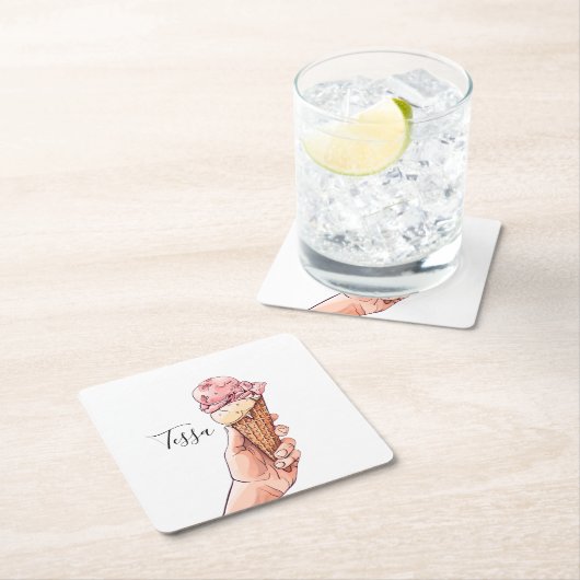 Ice Cream Cone Design Monogram Naam Kartonnen Onderzetters (Insitu)