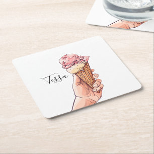 Ice Cream Cone Design Monogram Naam Kartonnen Onderzetters