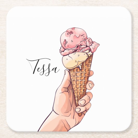 Ice Cream Cone Design Monogram Naam Kartonnen Onderzetters (Voorkant)