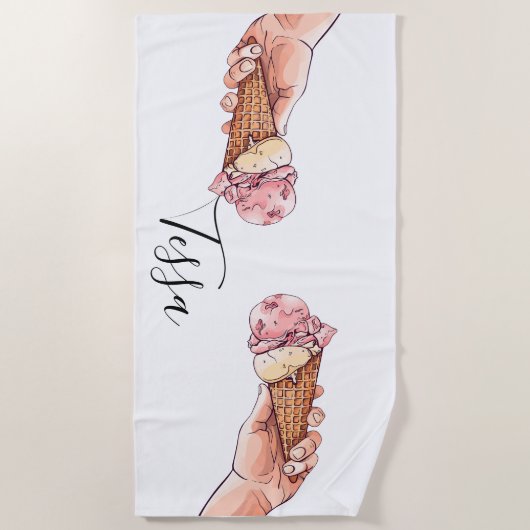 Ice Cream Cone Design Monogram Naam Strandlaken (Voorkant)