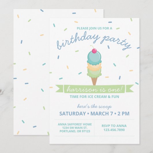 Ice Cream Cone First Birthday Party - Boy Kaart (Voorkant / Achterkant)