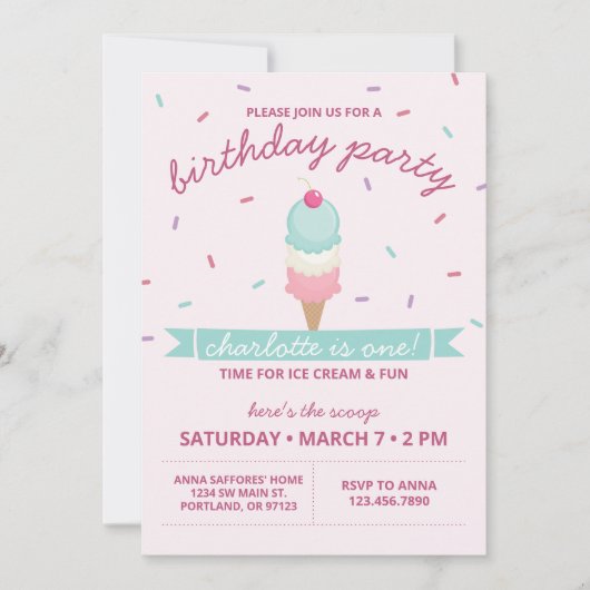 Ice Cream Cone First Birthday Party Kaart (Voorkant)