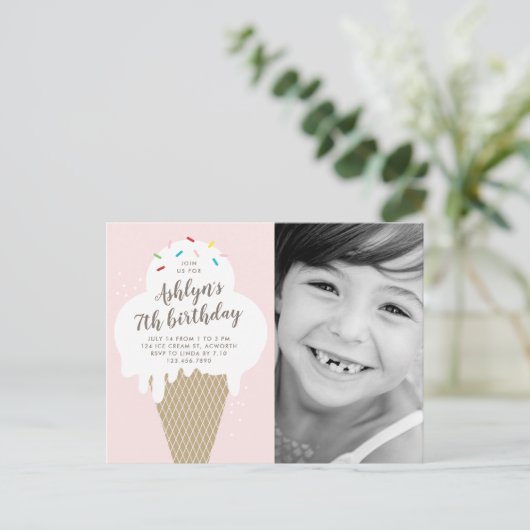 Ice Cream Cone Foto's Birthday Party Uitnodiging Briefkaart (Staand voorkant)