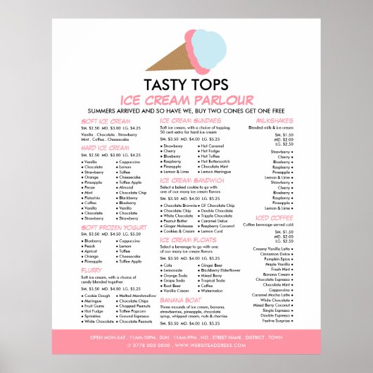 Ice Cream Cone, Ice Cream Parlor Menu Poster (Voorkant)