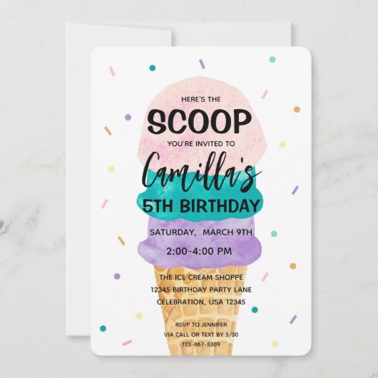 Ice Cream Cone Meisje Verjaardagsfeestuitnodiging Kaart (Voorkant)
