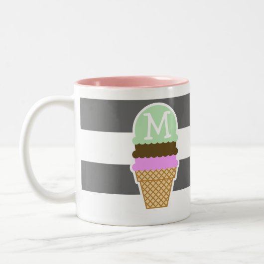 Ice Cream Cone on Dim Grey Horizontal Stripes Tweekleurige Koffiemok (Links)