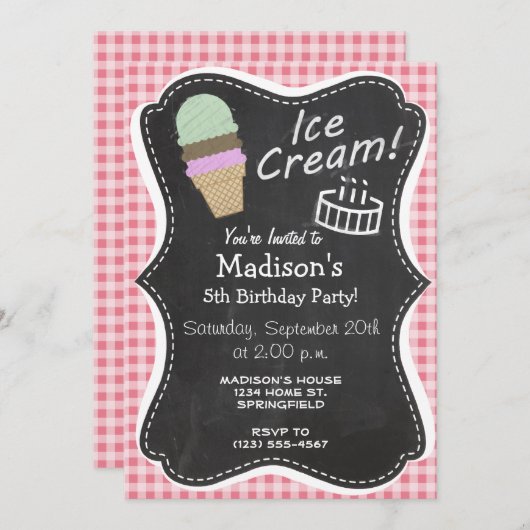 Ice Cream Cone op Blush Pink Gingham Kaart (Voorkant / Achterkant)