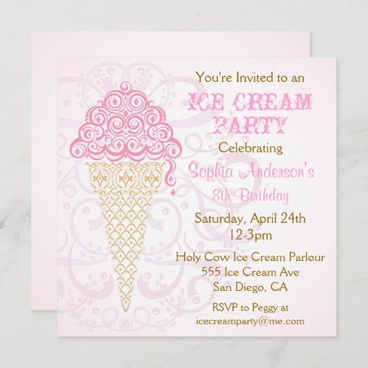 Ice Cream Cone Party-uitnodiging Kaart (Voorkant / Achterkant)