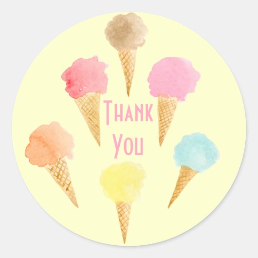Ice Cream Cone Patroon Geel bewerkbaar Dank u Ronde Sticker (Voorkant)