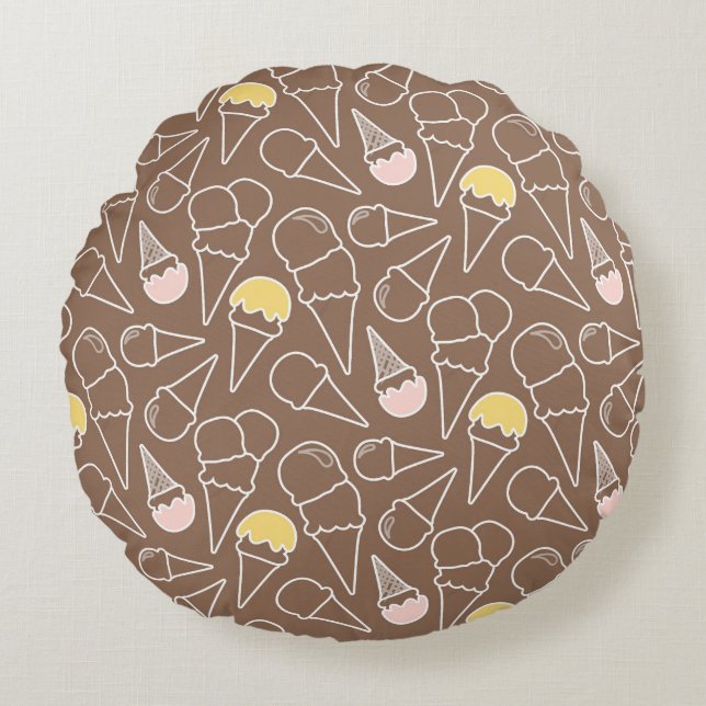 Ice Cream Cone Pattern on Brown Rond Kussen (Voorkant)