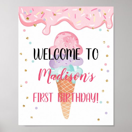 Ice Cream Cone Pink Gold Birthday Welkom Poster (Voorkant)