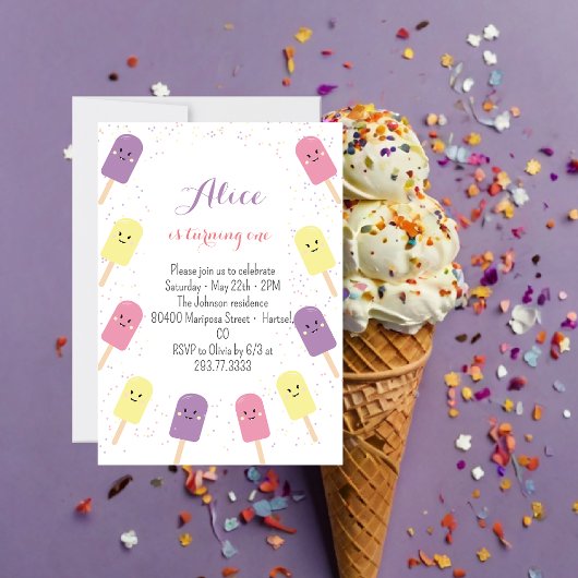 Ice Cream Cone Scoop Confetti Pink Birthday Party Kaart