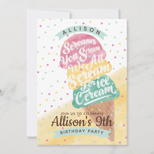 Ice Cream Cone Scoops Birthday Party Invitation Kaart (Voorkant)
