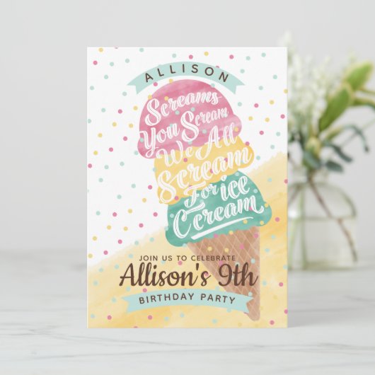 Ice Cream Cone Scoops Birthday Party Invitation Kaart (Staand voorkant)