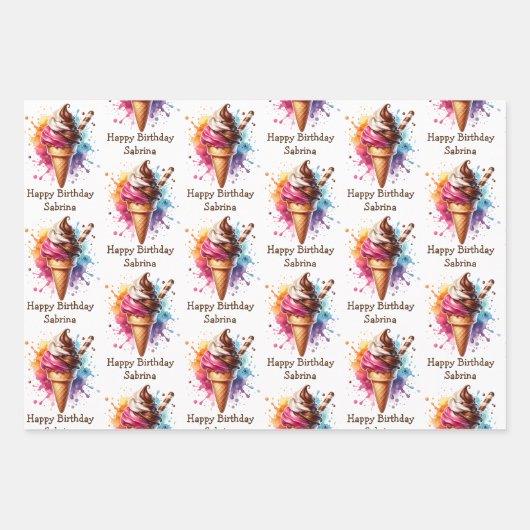 Ice Cream Cone, Sundae en Milkshake Verjaardag Inpakpapier Vel (Voorkant)