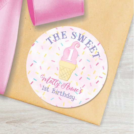 Ice Cream Cone Sweet ONE 1e verjaardag Meisje Ronde Sticker