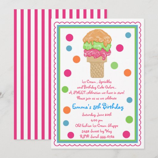 Ice Cream Cone-uitnodigingen Kaart (Voorkant / Achterkant)