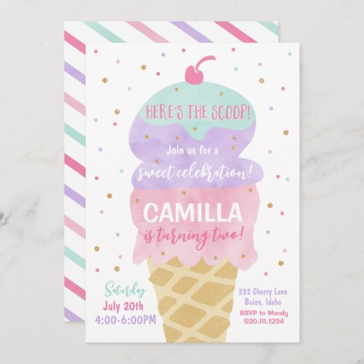 Ice Cream Cone Verjaardagsfeestuitnodiging Kaart (Voorkant / Achterkant)