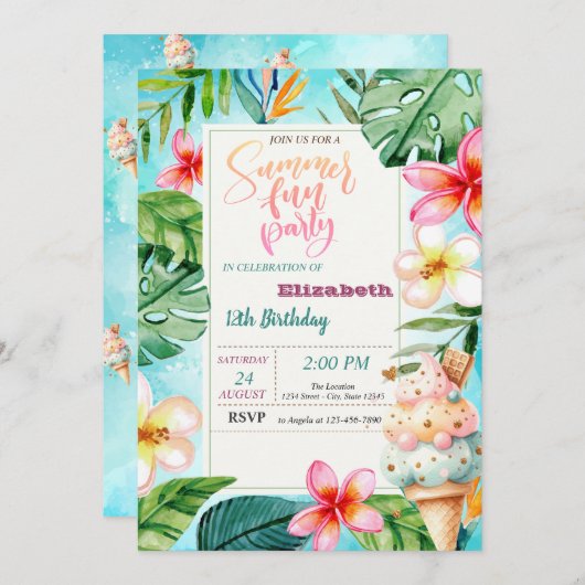 Ice Cream Cone Zomer Bloemen Verjaardagsfeest Kaart (Voorkant / Achterkant)