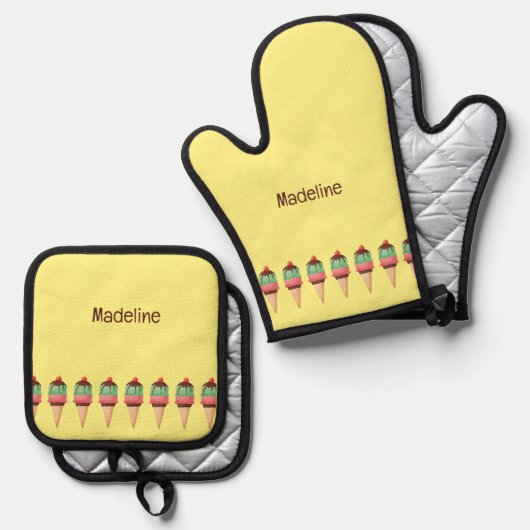 Ice Cream Cones Aangepaste Tekst Pot Houder Ovenwant & Pannenlap Set (Voorkant / Achterkant)