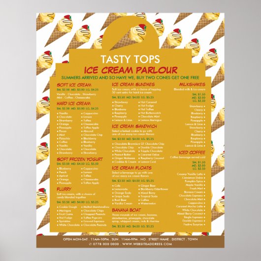 Ice Cream Cones, Ice Cream Parlor Menu Poster (Voorkant)