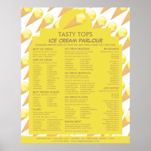 Ice Cream Cones, Ice Cream Parlor Menu Poster (Voorkant)
