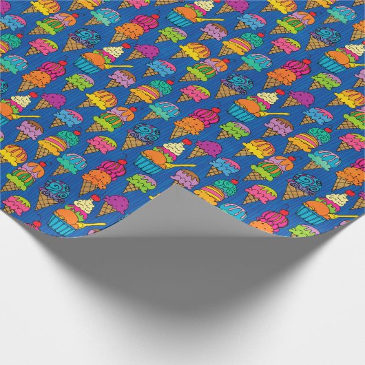 Ice Cream Cones op Blauw Cadeaupapier (Hoek)