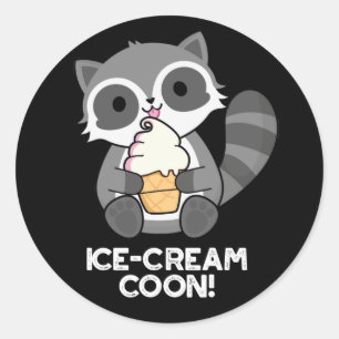 Ice Cream Coon Funny Animal Racoon Pun Dark BG Ronde Sticker