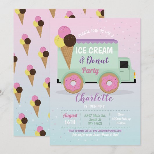 Ice Cream Donut Party Birthday Girls Doughnoten Kaart (Voorkant / Achterkant)