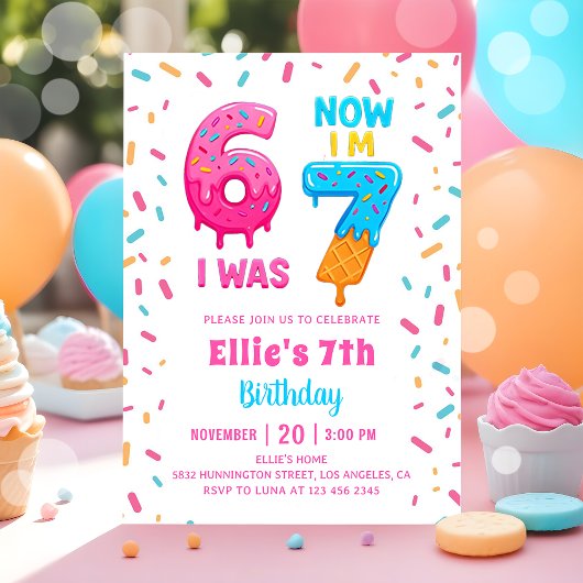 Ice Cream Donut Six Seven Girl Birthday Invitation Kaart
