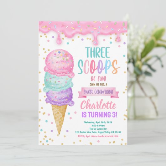 Ice Cream Drie Scheppen van Leuk 3e Verjaardagsfee Kaart (Staand voorkant)