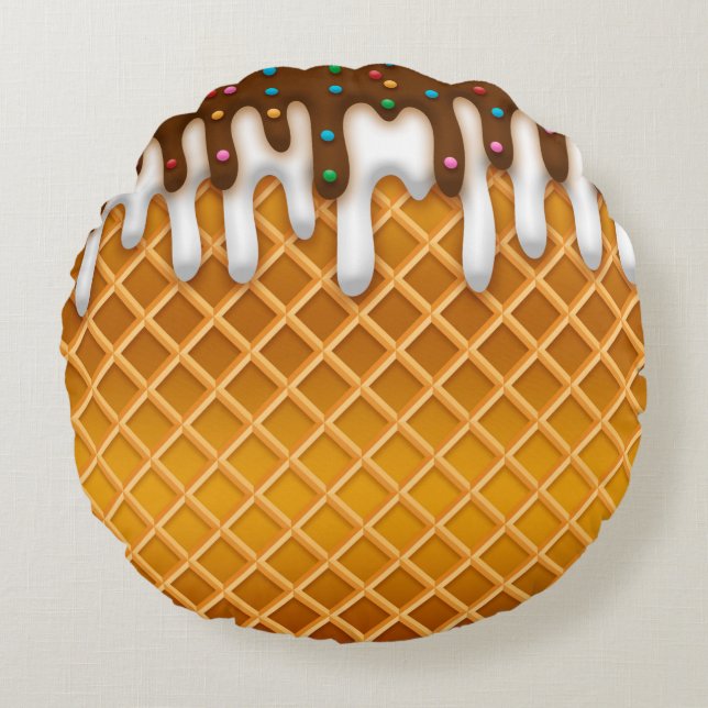 Ice Cream Drip Waffle Cone Chocolate and Vanilla Rond Kussen (Voorkant)