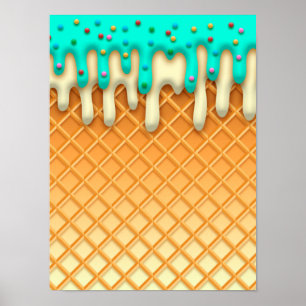 Ice Cream Drip Waffle Cone Mint with Sprinkles Poster