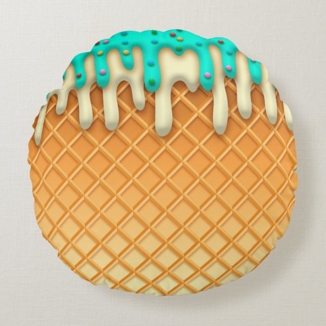Ice Cream Drip Waffle Cone Mint with Sprinkles Rond Kussen (Voorkant)