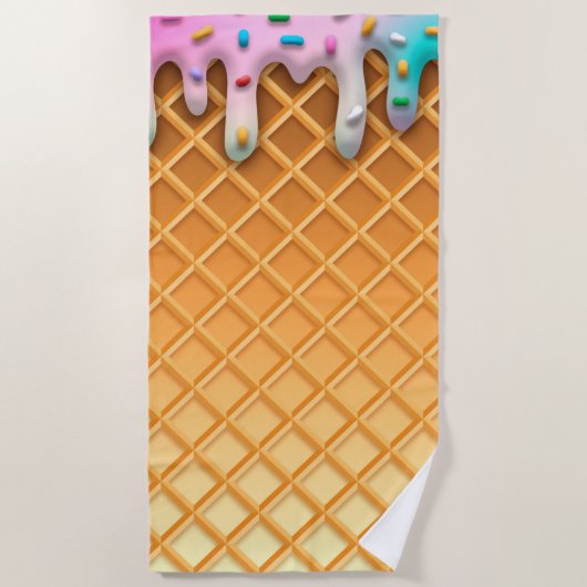 Ice Cream Drip Waffle Cone Pink With Sprinkles Strandlaken (Voorkant)