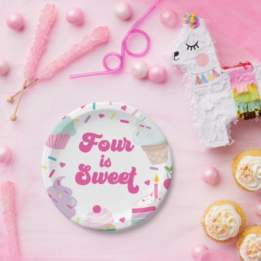 Ice Cream en Cake Four is Sweet 4th Verjaardag Papieren Bordje (Feest)