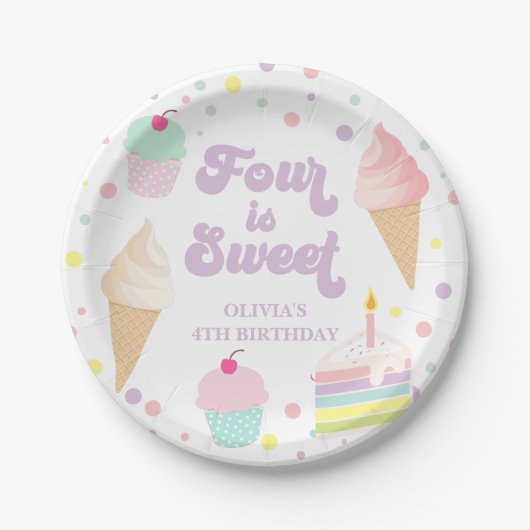 Ice Cream en Cake Four is Sweet 4th Verjaardag Papieren Bordje (Voorkant)