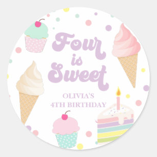 Ice Cream en Cake Four is Sweet 4th Verjaardag Ronde Sticker