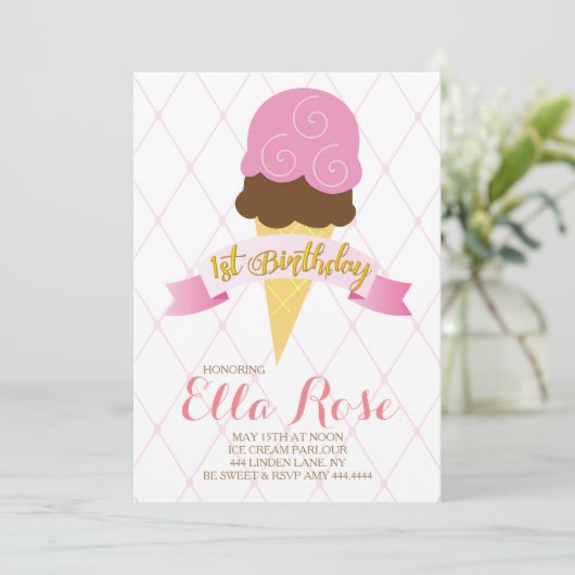 Ice Cream First Birthday Party Kaart (Staand voorkant)