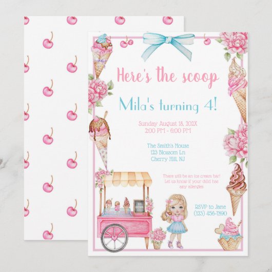 Ice Cream & Floral Verjaardag Uitnodiging (Voorkant / Achterkant)