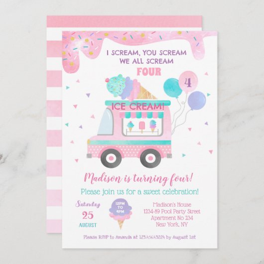 Ice Cream Four 4th Birthday Party Save The Date (Voorkant / Achterkant)