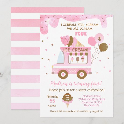 Ice Cream Four 4th Birthday Party Save The Date (Voorkant / Achterkant)
